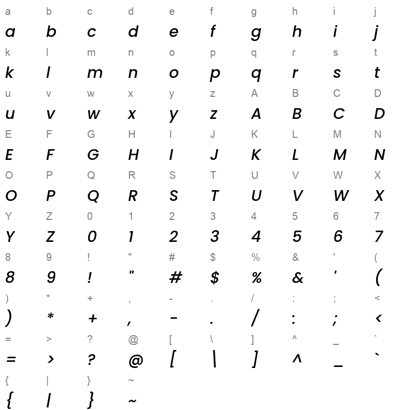 Poppins MediumItalic Character Map