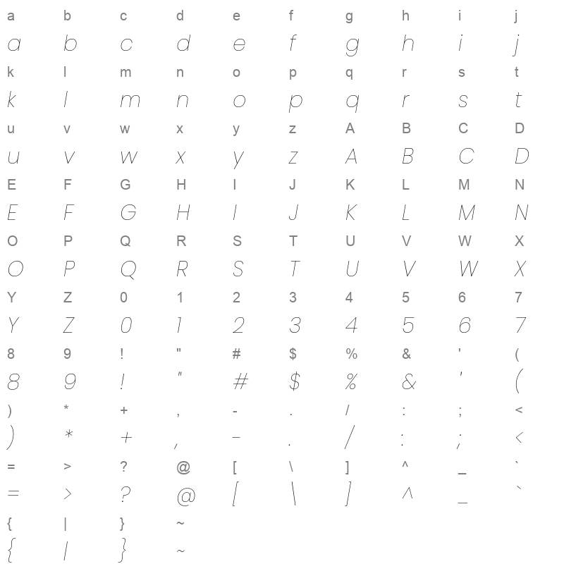 Poppins ThinItalic Character Map