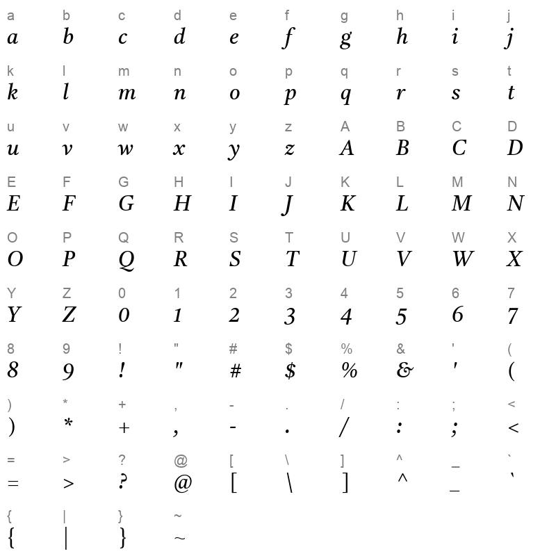 TiroTamil Italic Character Map